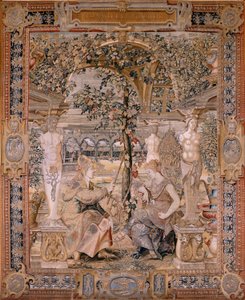 Flamand kárpit. Vertumnus és Pomona sorozat. Vertumnus idős asszonnyá változott. Vertumnus idős asszonnyá változott. A sorozat hatodik kárpitja. Pieter Coecke van Aelst modellköre. Gyártás Wilhelm Pannemaker, Brüsszel. Ca1545-1550. F