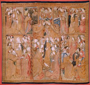 Flamand kárpit. Az anya diadalai vagy a Paños de Oro sorozat. Krisztus születése (Nacimiento de Cristo). Harmadik kárpit a sorozatban. Colin de Cooter modell (?). Gyártás Pieter van Aelst (vagy van Edingen), Brüsszel. Körülbelül 1500-1502. Szövet Arany, ez