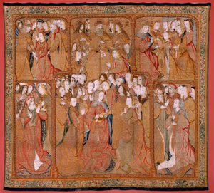 Flamand kárpit. Az anya diadalai vagy a Paños de Oro sorozat. Isten küldje el Gábriel arkangyalt (Dios envía al Arcángel Gabriel). A sorozat első gobelinje. Colin de Cooter modell(?). Gyártás Pieter van Aelst (vagy van Edingen), Brüsszel. Ca1500-1502. F