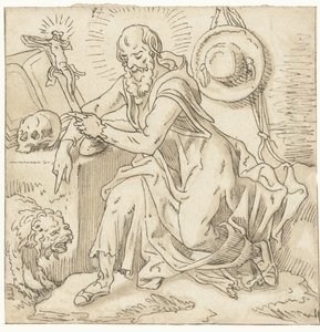 Szent Jeromos egy feszület, könyv és koponya mellett ül alkotó: Pieter Aertsen (workshop of)