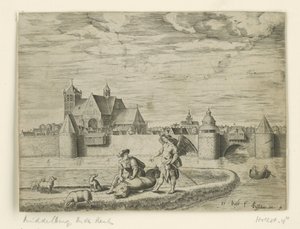 Tóbiás és az angyal; a háttérben a middelburgi régi templom Tájképek bibliai jelenetekkel (sorozat címe) alkotó: Pieter Bast