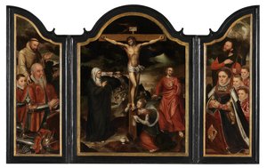 Krisztus a kereszten a Szűzanyával, Szent Jánossal és Mária Magdolnával (olaj, tábla) alkotó: Pieter Claeissens