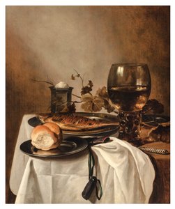 Tekercs, hering, ezüst sótartó, nagy roemer és kés terített asztalon, 1644 körül (olaj a panelen) alkotó: Pieter Claesz