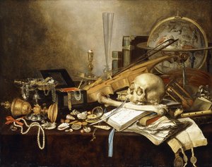 Vanitas csendélet a hangszerek és kéziratok, egy felborított aranyozott köntös, ékszerkoporló, gyertyatartó, egy gyertyatartó, egy gyöngyház, gyöngyök, ékszerek, kagylók, koponya és combusz és egy órás pohár egy draped asztalon, 1653