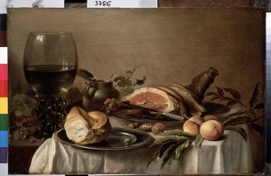 ""Reggeli csendélet sonkával, kenyérrel, őszibarackkal és dióval"" (Reggeli sonkával) Pieter Claesz festménye (kb. 1597-1660) 1647 Méret: 40x61 cm Szentpétervár, Remete Múzeum alkotó: Pieter Claesz