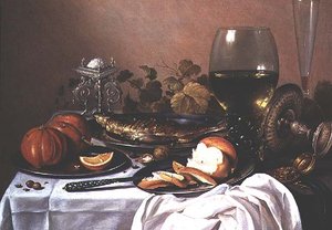 Csendélet makrélával, sütőtökkel és kenyérrel alkotó: Pieter Claesz