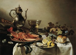Asztal homárral, ezüst kancsó, nagy Berkemeyer, gyümölcstál, hegedű és könyvek, 1641