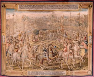 Flamand kárpit. sorozat Tunisz meghódítása; A barcelonai csapatok áttekintése (La revista de las tropas en Barcelona). A sorozat második kárpitja. Jan Vermeyen modell és Pieter Coecke van Aelst. 1543-1548. Gyártás Real Fábrica de Tapices de Sant