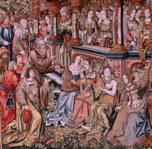 Flamand kárpit. A kitüntetések sorozat. Erény (La Virtu, El Vicio). Nyolcadik kárpit a sorozatban. Modell karikaturisták Bernard van Orley és Jan Gossaert (Mabuse) köréből. Gyártás Pieter van Aelst, Brüsszel. Kb 1550. Szövet Arany, ezüst, selyem a