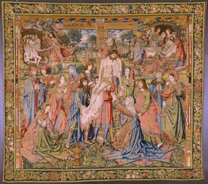 Flamand kárpit. Sorozat Krisztus szenvedése: Leszállás a keresztről (Kruisafneming, Descendimiento de la cruz). Gyártás Pieter van Aelst. Jan van Roome karikaturista. Körülbelül 1507-1520.