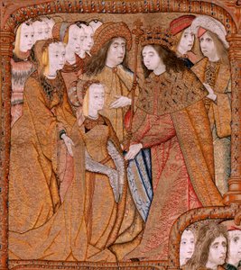 Flamand kárpit. Az anya diadalai vagy a Paños de Oro sorozat. Angyali üdvözlet (La Anunciación). A sorozat második kárpitja. Colin de Cooter modell (?). Gyártás Pieter van Aelst (vagy van Edingen), Brüsszel. Körülbelül 1500-1502. Szövet Arany, ezüst, selye