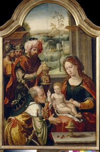 A mágusok imádása. Idősebb Pieter Coecke van Aelst (1502-1555) festménye, olaj, fa, 16. század első fele. Flamand primitív művészet. Állami Művészeti Galéria, Lviv (Ukrajna).