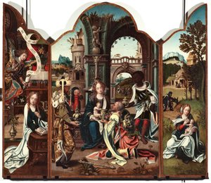 A mágusok imádásának triptichonja Bal oldali panel: Angyali üdvözlet - Jobb oldali panel: Angyali üdvözlet, bal oldalon és Repülés Egyiptomba jobb oldalon Pieter Coeck van Aelst festménye (1502-1550) 16. század Genes Musei di Strada Nuova (ex Palazzo Bianc alkotó: Pieter Coecke van Aelst