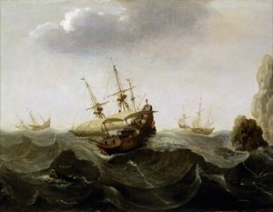 Egy hajó a viharos tengeren, a távolban az orkán elől menekülő csónakok, jobbra pedig sziklák emelkednek ki a vízből. Olaj, fa, 1620 körül, Cornelisz Verbeecq (1590-1637) alkotása.