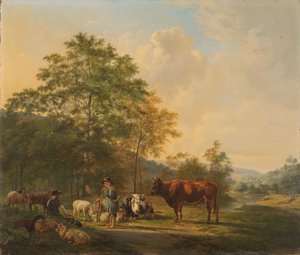 Dombos táj pásztorral, droverrel és szarvasmarhával alkotó: Pieter Gerardus van Os