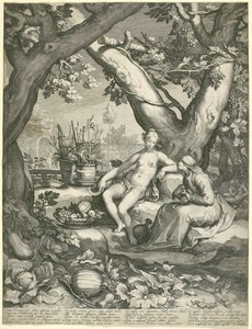 Vertumnus kölcsönkéri egy öregasszony alakját, hogy megnyerje Pomonas szerelmét, 1605 (metszet fektetett papírra)
