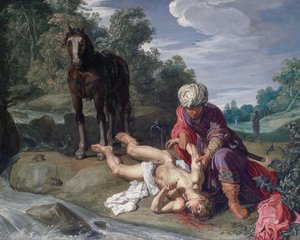 Az irgalmas szamaritánus ellátja az utazó sebeit (Lukács 10:25-37) alkotó: Pieter Lastman