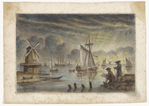Tengerparti kilátás hajókkal, malom és rajzoló alkotó: Pieter Louw (attributed to)