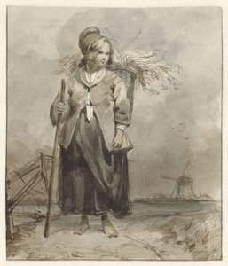 Álló nő bottal és kosárral a hátán alkotó: Pieter Marinus van de Laar (attributed to)