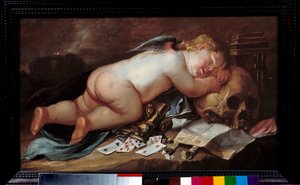 Szeretek a halál fején aludni. Pieter Moninckx (1606 - 1686) festménye (vanite) Ec. Nagyzolás. alkotó: Pieter Moninckx