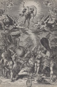 Saul megtérése, aki Krisztusként fekszik a földön lovakkal és katonákkal körülvéve..., 1583