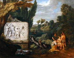 Klasszikus tájkép a szarkofág mellett táncoló leányzókkal, Silenus diadalát ábrázolva (olaj, vászon) alkotó: Pieter Rysbrack