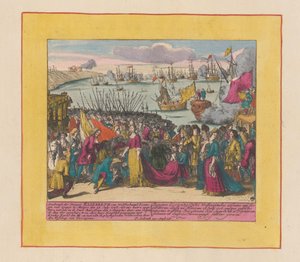 Elisabeth Christine van Wolfenbüttel hercegnő érkezése Mutaróba, 1708 Erzsébet van Wolfenbuttel hercegnő, spanyol királynő érkezése (...) (cím a tárgyon) A Háború Színháza, II. Károly király kezdete. Karel den I. királyig alkotó: Pieter Schenk (I)