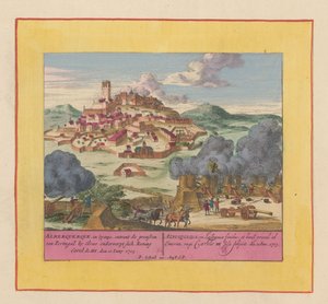 Albuquerque ostroma, 1705 Alberquerque Spanyolországban, Portugália határán, Elvasnál, 1705. június 10-én aláveti magát III. Carel királynak (cím a tárgyon) A Háború Színháza, II. Károly király kezdete. Találkozunk a King Karban alkotó: Pieter Schenk (I)