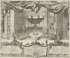 Gezicht in de Sint-Pietersbasiliek Színház, amely a római város Szent Péter-templomában történt bűncselekményeket ábrázolja (cím a tárgyon) alkotó: Pieter Schenk (I)