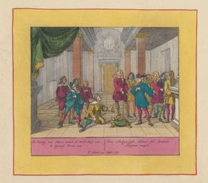 Anjou Fülöp herceg elfogadja a spanyol koronát, 1700 Anjou hercege elfogadja a Spanyol Korona Ajánlatát (...) (cím a tárgyon) A Háború Színháza, II. Károly király kezdete. Károly királyig III. Meglévő IX