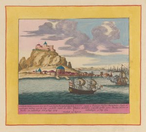Gibraltár meghódítása egy angol-holland flotta által, 1704 Gibraltárt meghódította a Pr. van Hessen Darmstadt, az Eng kiszállt milíciájával: en Holl: az Adm alatt: Rooke és Callenberg den 1704. augusztus 4. (...) (cím a tárgyon) Színház