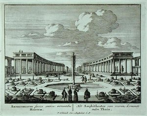 Klasszikus amfiteátrum a kertben, az „Admirandorum Quadruplex Spectaculum”-ból, Jan van Call (1656-1703), 1715 előtt megjelent (metszet) alkotó: Pieter Schenk