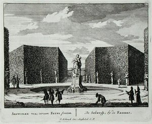 Hatszögletű sövény faun szökőkút mellett, az „Admirandorum Quadruplex Spectaculum”-ból, Jan van Call (1656-1703), 1715 előtt megjelent (metszet) alkotó: Pieter Schenk