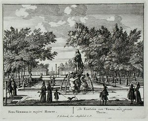 A Vénusz szökőkútja egy hatalmas kertben, az „Admirandorum Quadruplex Spectaculum”-ból, Jan van Call (1656-1703), 1715 előtt megjelent (metszet) alkotó: Pieter Schenk