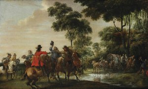 Autópályások portyáznak egy billenő autóval egy erdei patak mellett alkotó: Pieter Snayers
