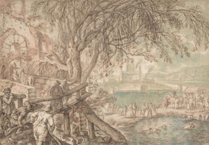 Vadászok és társaságok megfigyelő kutyák kacsákat gyűjtő tóban Április hónap, 1610-20. alkotó: Pieter Stevens