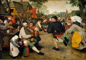 Paraszttánc Egy férfi dudán játszik egy alkoholista mellett. Mögöttük a zászlóval bordélyház, miközben a falusiak táncolnak és szórakoznak. Pieter Bruegel festménye, az idősebb (vagy Pierre Breugel vagy Peter Brueghel vagy Breughel) alkotó: Pieter Bruegel the Elder