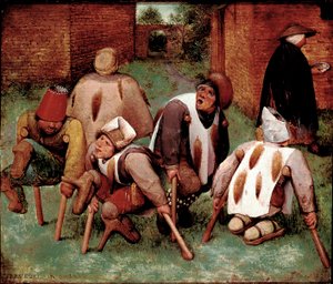 Az ösztropiák Fogyatékkal élő karakterek csoportja, butts-de-jatte (fenék). Pieter Bruegel (vagy Breugel vagy Brueghel vagy Breughel) festménye dit l