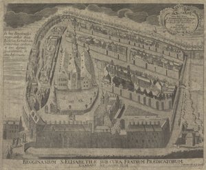 Gezicht op het Sint-Elisabethbegijnhof en de Sint-Elisabethkerk te Gent Szent Erzsébet Begginasium a genti prédikátorfivérek gondozásában 1234-ből (cím a tárgyon) alkotó: Pieter Wauters