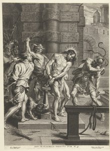 Krisztus megkorbácsolása katonák által Ego in flagella paratus sum (cím a tárgyon) alkotó: Pieter de Bailliu (I)