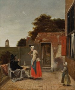 Egy férfi dohányzik és egy nő iszik az udvaron, 1658-60 körül