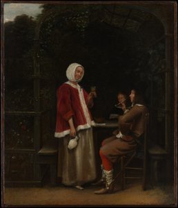 Egy nő és két férfi egy lugasban alkotó: Pieter de Hooch