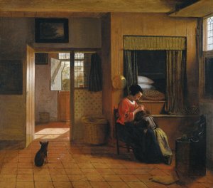 Belső szoba egy anyával, aki a gyermeke haját tisztítja, „Anya munkájaként” alkotó: Pieter de Hooch