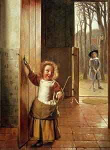 Gyerekek az ajtóban „Golf” botokkal, 1658-60 körül alkotó: Pieter de Hooch