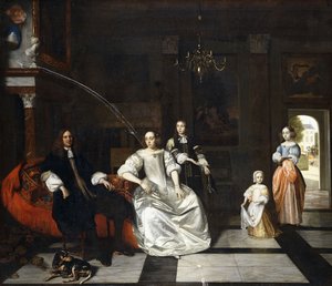 Csoportportré a Jacott-Hoppesack családról egy kopóval egy pazar klasszikus belső térben, egy hölgy és egy úriember sétál a parkban egy ajtón túl, alkotó: Pieter de Hooch