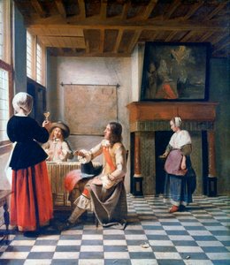 Belső, Nő iszik két férfival és egy szolgálólány, c1658