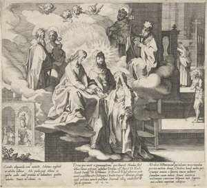 Katalin megjelenik / Katalin esküvője / Catherine megosztja köpenyét Jelenetek Sienai Szent Katalin életéből és csodáiból (sorozat címe) Vita mors gesta, et miracula quaedam selecta B. CATHERINAE SENENSIS (...) (sorozat címe) alkotó: Pieter de Jode (I)