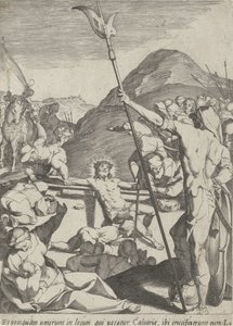 Krisztust a keresztre szegezték Krisztus szenvedése (sorozat címe) Passionis et resurrectionis (sorozat címe) alkotó: Pieter de Jode (I)