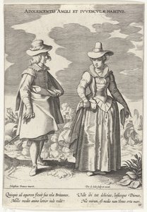 Paar, gekleed volgens de Engelse mód, kb. 1610 Serdülőkori angol és angol szokások (cím a tárgyon) Kostuums uit verschiedelden landen (sorozat címe) Különféle nemzetek díszei (sorozat címe) alkotó: Pieter de Jode (I)