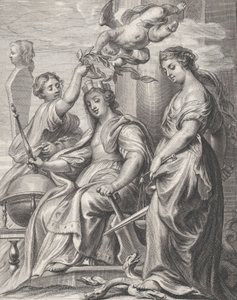 A jó kormányzás allegóriája, középen ülve, és egy puttó és egy jaj koronázza meg, kb. 1640-74.